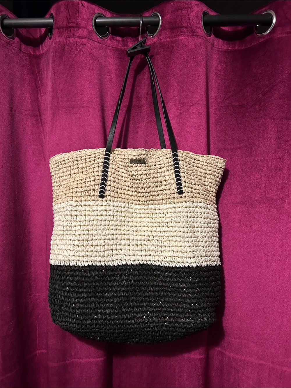 Billabong Three-Tone Straw Tote in Black, Cream, and Tan